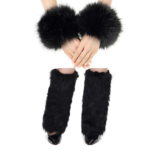 Fancylovesotio Faux Fur Arm Warmers and Leg Warmers Set Wrist Furry Cuffs for Cold Weather Furry Costumes (Black) | Amazon (US)