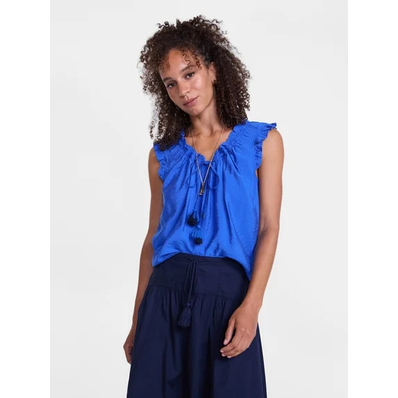 Scenario Women's and Women's Plus Ruffle Neck Tank Top with Tie Front, Sizes XS-4X | Walmart (US)