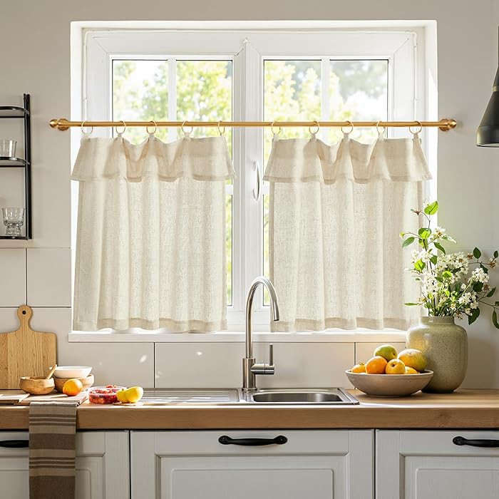 jinchan Linen Tier Kitchen Curtains, 30x24, 2 Panels, Natural | Amazon (US)
