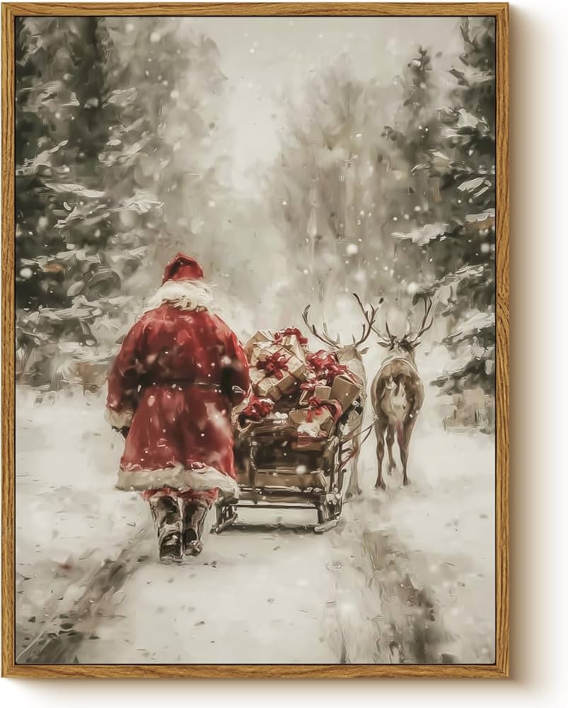 Vintage Santa Claus Christmas Wall Art, Classic 12x16 Inch Framed Canvas Print, Santa with Gift S... | Amazon (US)