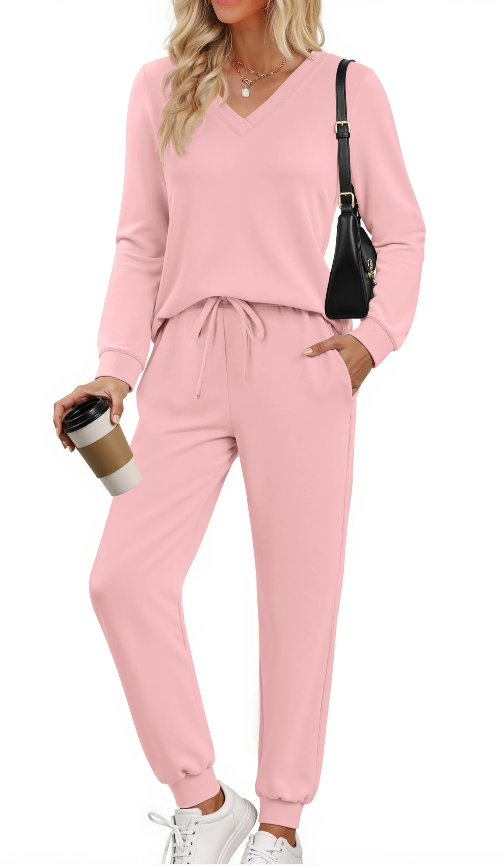 Fantaslook Two Piece Sets for Women Fall Outfits Fashion Lounge Sets V Neck Tops and Jogger Pants... | Walmart (US)