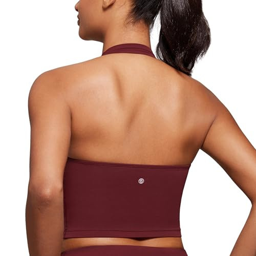 CRZ YOGA Womens Butterluxe Halter Longline Sports Bra - Padded Workout Yoga Crop Tops Tanks with Built in Pads Red Merlot X-Large | Amazon (US)