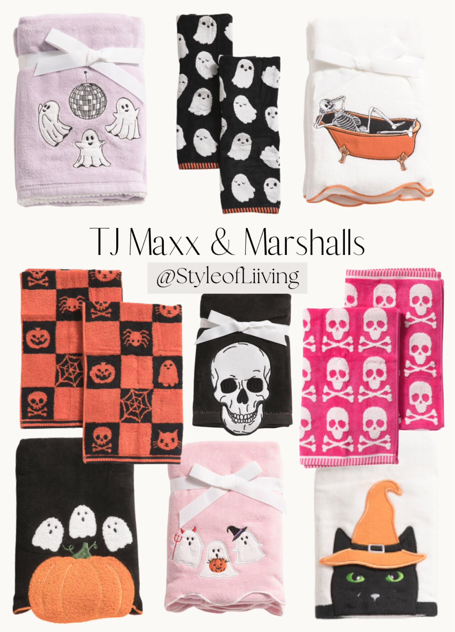 Hand towels and dish towels from TJ Maxx and Marshalls! Halloween season home decor bath towels. Skulls, ghosts, black cats, skeletons.

#LTKHome #LTKHalloween #LTKFindsUnder50