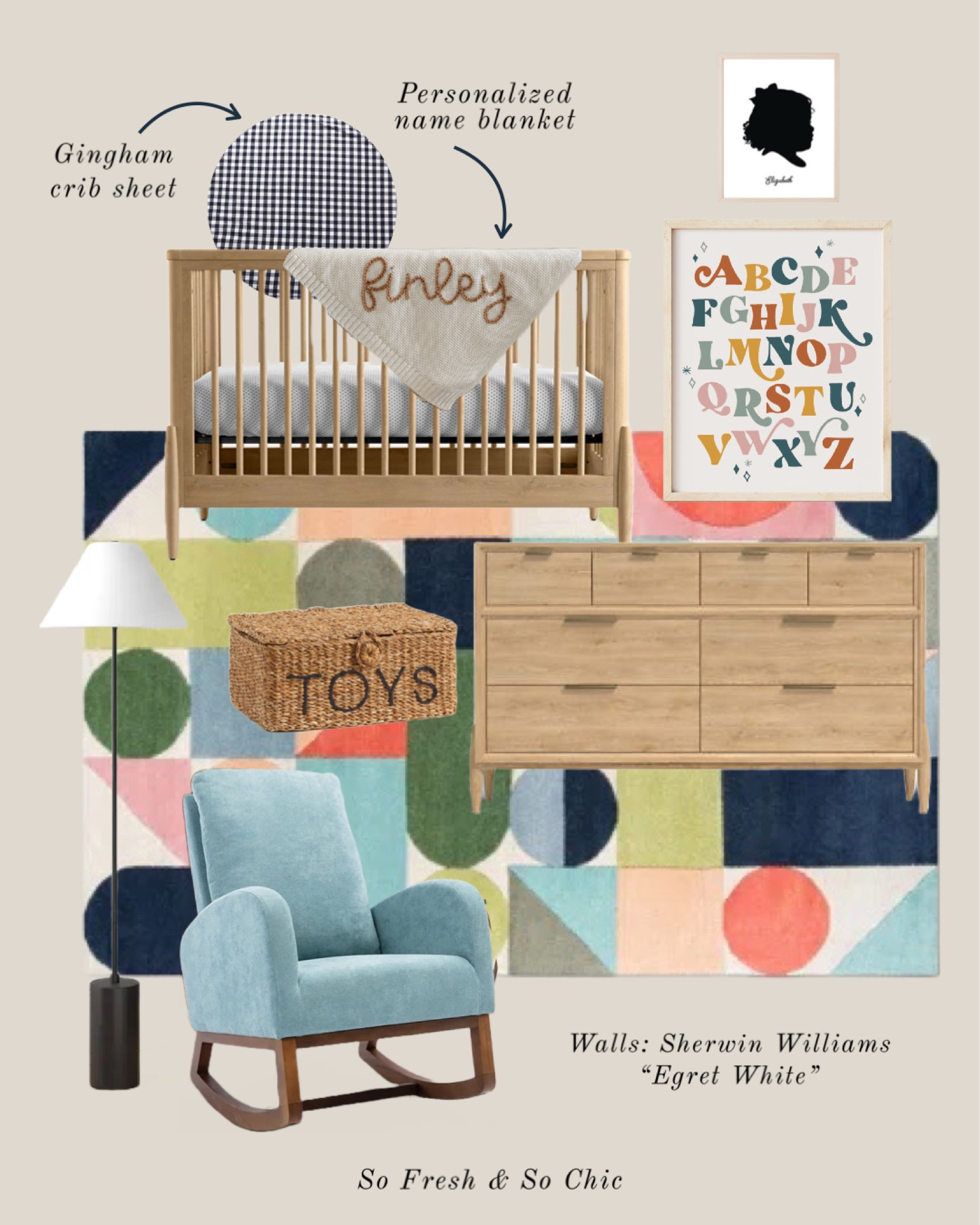 Colorful sophisticated girl nursery.
-
Nursery decor - nursery design - nursery mood board - light wood crib - light wood dresser - custom baby girl silhouette portrait - modern minimalist alphabet art print - colorful rug - blue rocking chair - black floor lamp with white shade - personalized baby name blanket - gingham crib sheet - modern girl nursery - alphabet art print - Etsy - Overstock - All Modern - Crate and Kids - Crate and Barrel

#LTKsalealert #LTKbaby #LTKkids