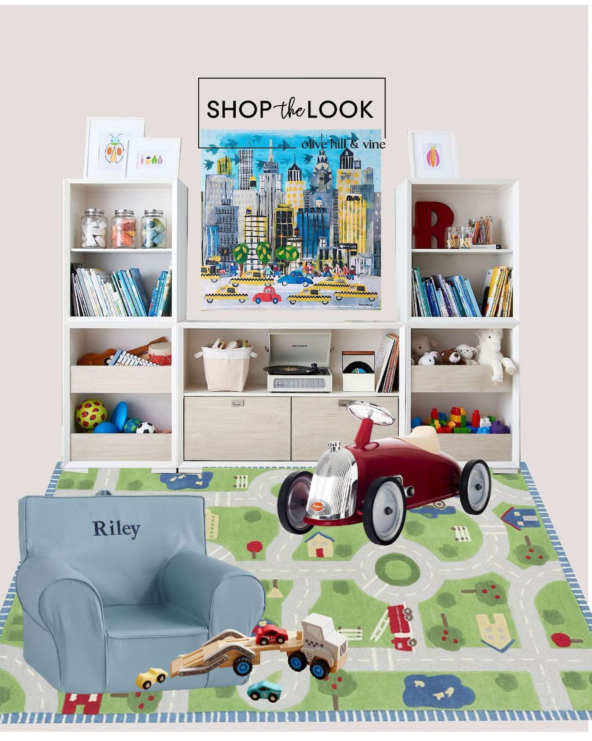 Discover the ultimate playroom adventure with this build-your-own wall system! Mix open displays and concealed storage for a space that's uniquely yours. Ignite imagination with an activity rug, a classic ride-on car, a wooden transporter, vibrant city art, and a personalized chair. Let's play! 

#LTKKids #LTKFamily #LTKHome