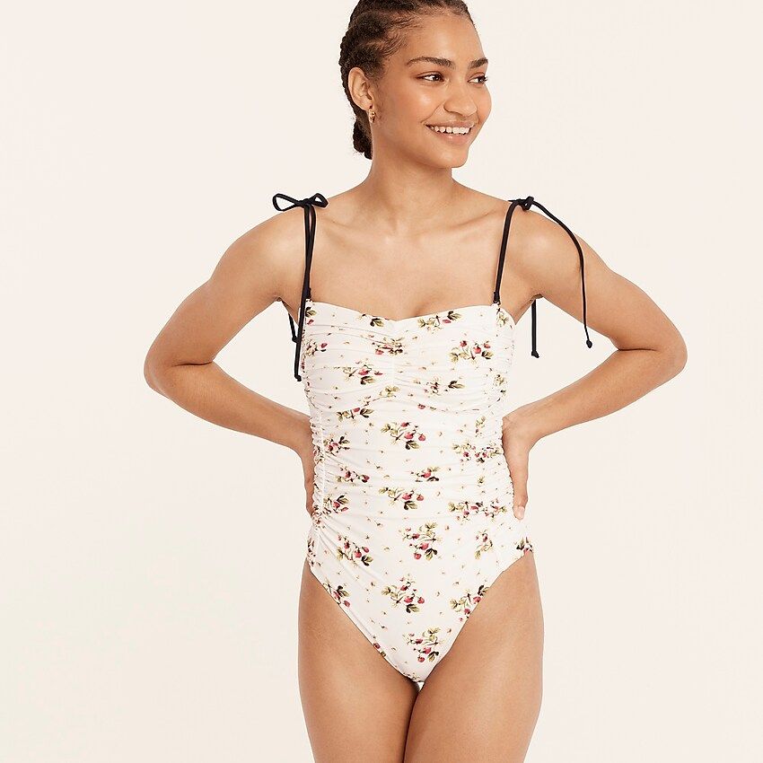 Ruched tie-shoulder one-piece in strawberry floral | J.Crew US