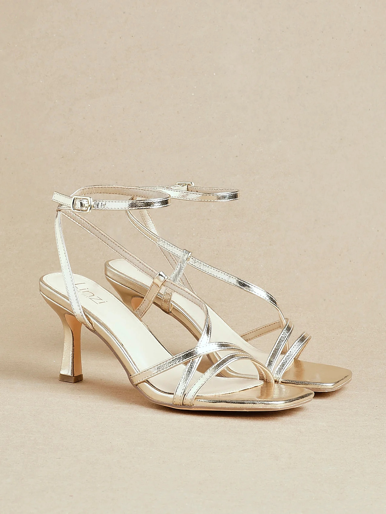 Wide Fit Gold Faux Leather Strappy Square Toe Heeled Sandal | Linzi Shoes