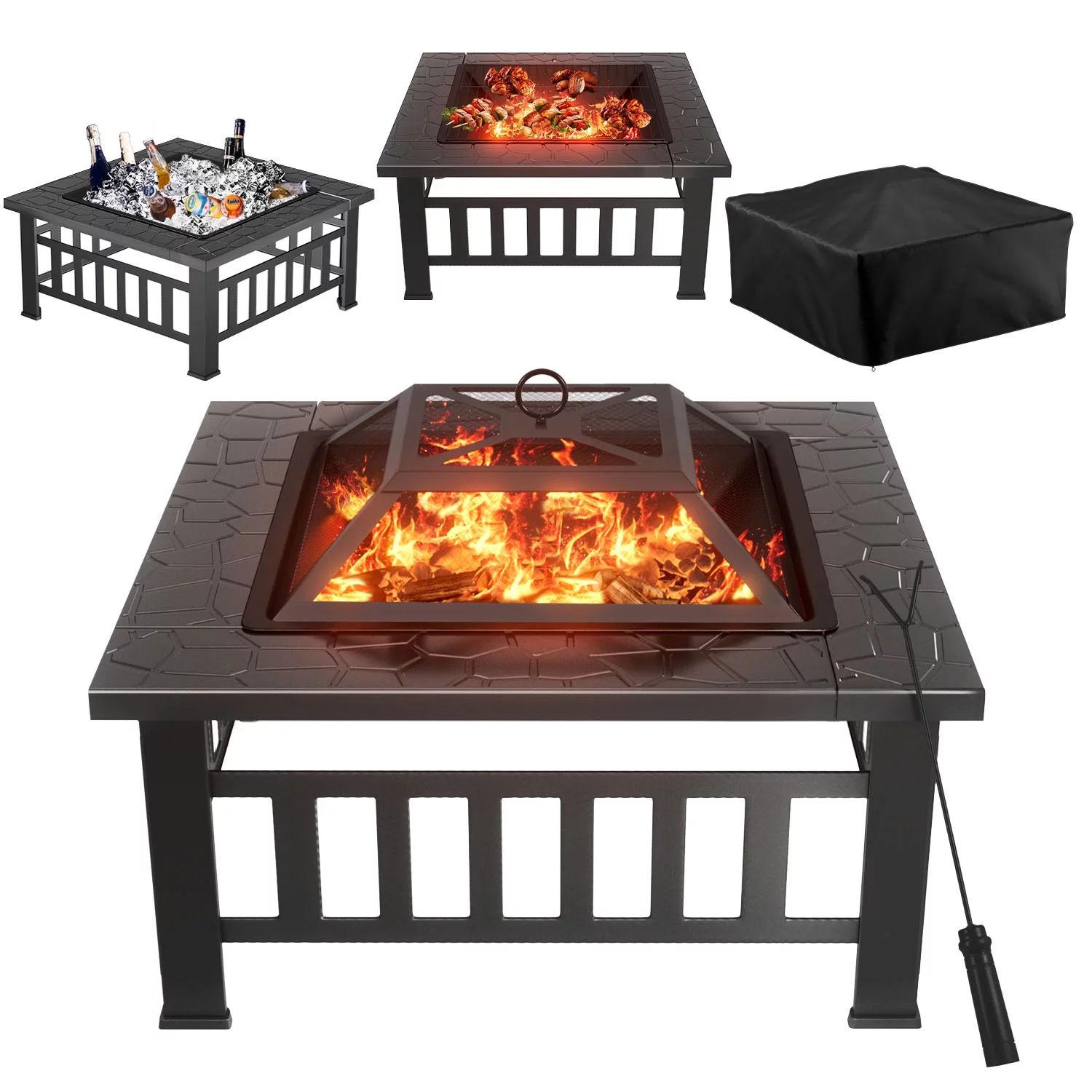 Lacoo 32" Patio Square Fire Pit Table for Patio Backyard BBQ, Ice Storage with Mesh Lid, Poker an... | Walmart (US)