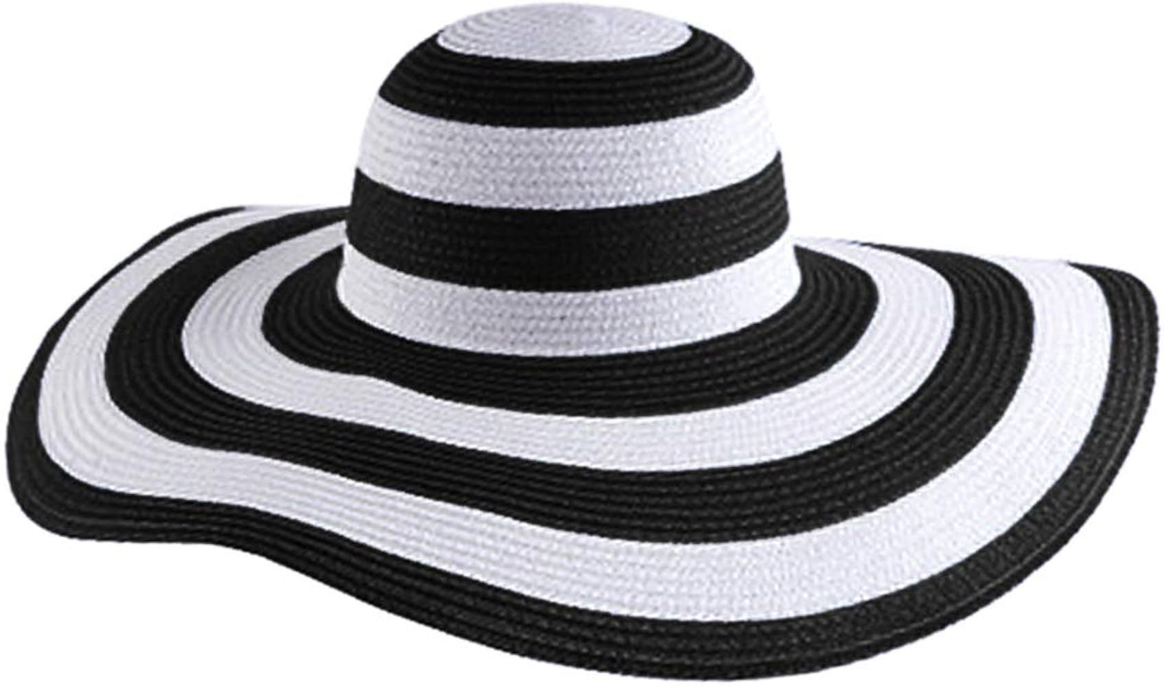 Queena Women Stripe Straw Hat Wide Brim Sun Hat Foldable Summer Beach Caps Gift for Mom Wife Girl... | Amazon (US)