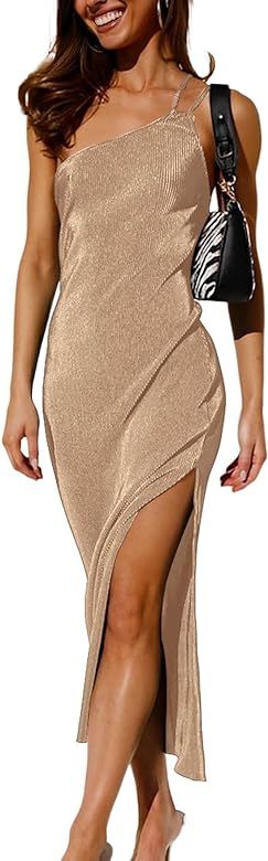 MURMUREY Womens 2023 Summer One Shoulder Spaghetti Strap Velvet Maxi Dress Sleeveless Backless Bo... | Amazon (US)