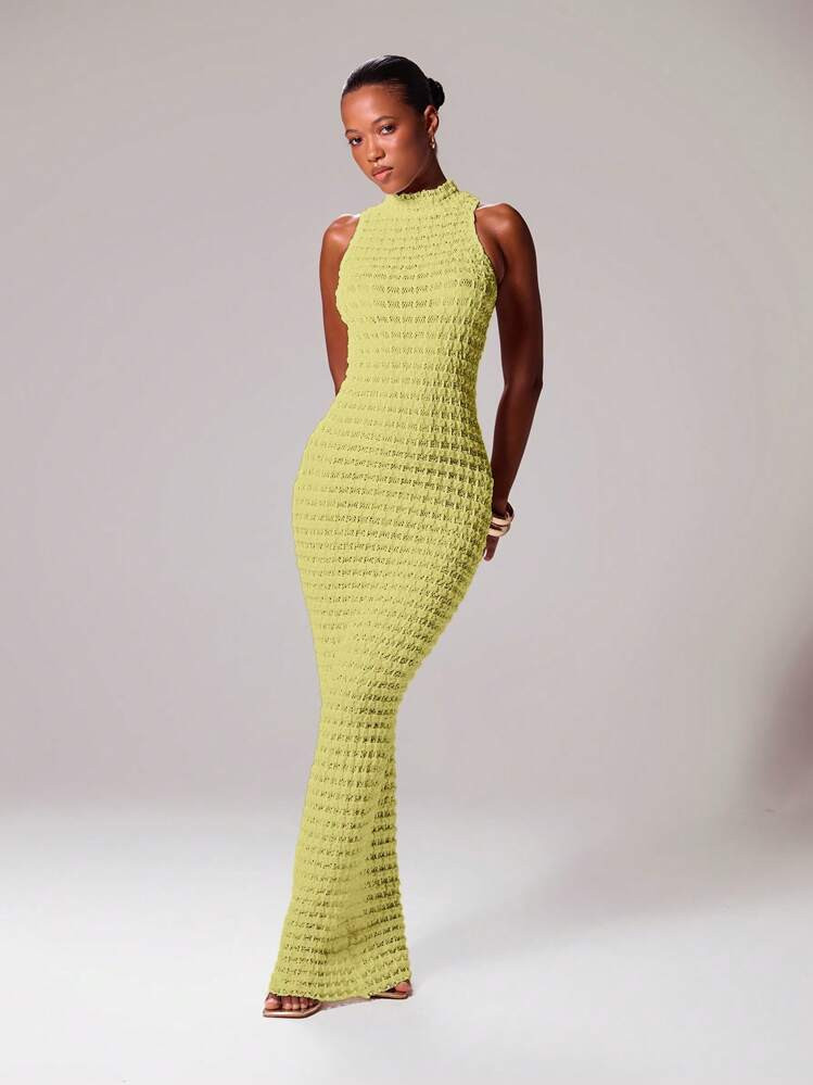 MUSERA Stand Neck Textured Fitted Sleeveless Maxi Dress Ibiza Sexy Vacation Holiday Spring Summer Festival Rave Beachwear Romantic Prom Graduation Elegant Birthday Wedding Guest Fall Night Out Wedding Guest, Elegant, Date Night, | SHEIN