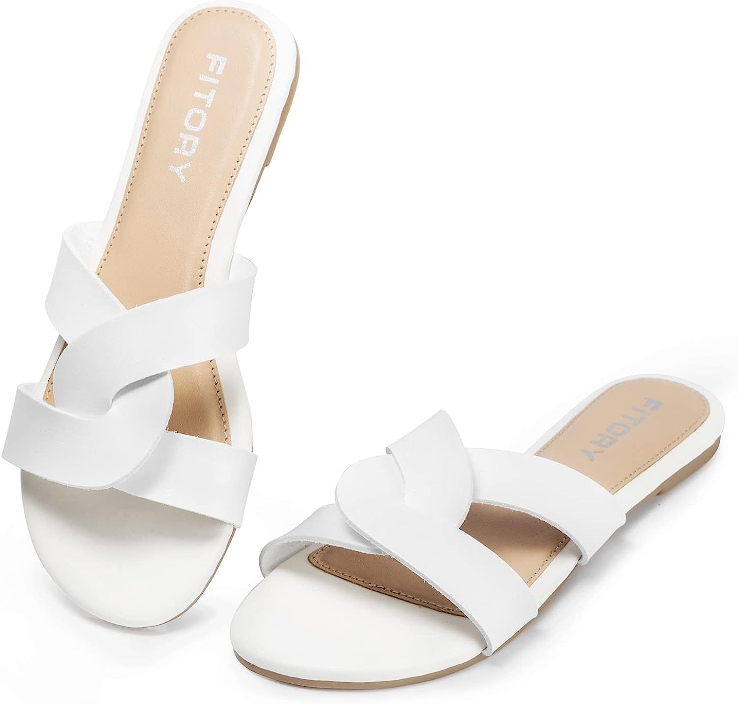 FITORY Women's Flat Sandals Fashion Slides With Soft Leather Slippers for Summer Size 6-11 | Amazon (US)