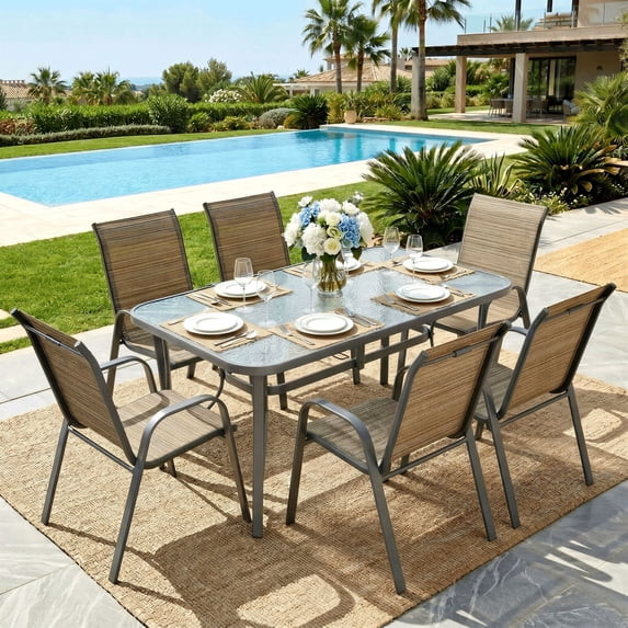 TLSUNNY Outdoor Patio Dining Set of 7, Rectangular Dining Table with Umbrella Hole and 6 Stackabl... | Walmart (US)