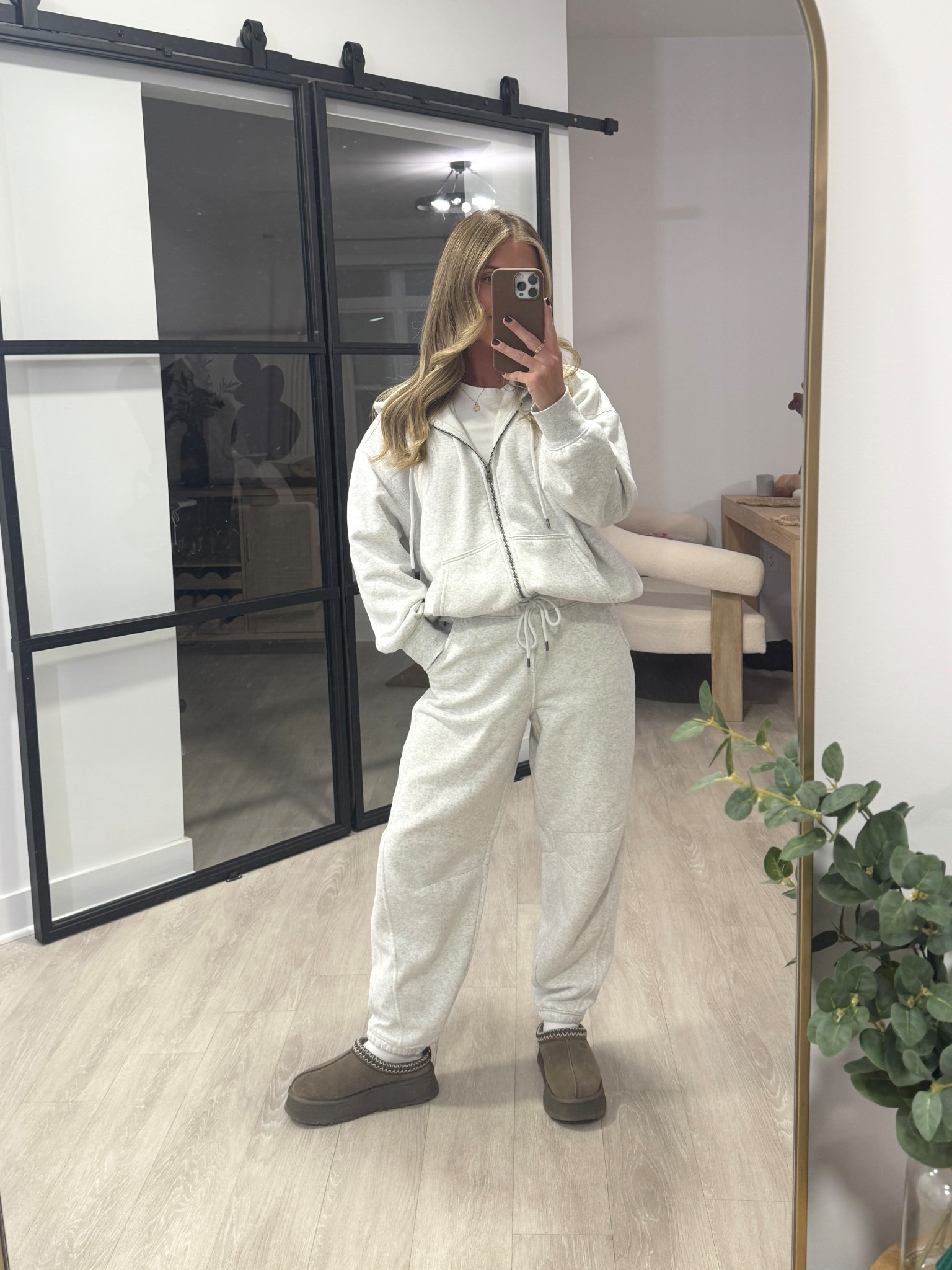 Size XS in barrel leg sweat pants and S in zip up hoodie 