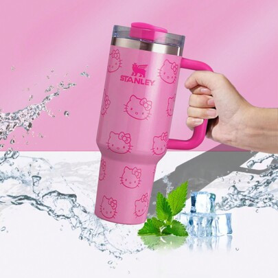 STANLEY40 Oz Tumbler With Handle And Straw Lid, Insulated Cup Reusable Stainless Steel Water Bottle Mug Cups,40 Oz Tumbler With Handle, Pink Kitty | SHEIN