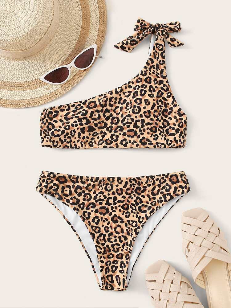 Leopard Knot One Shoulder Bikini Swimsuit | SHEIN