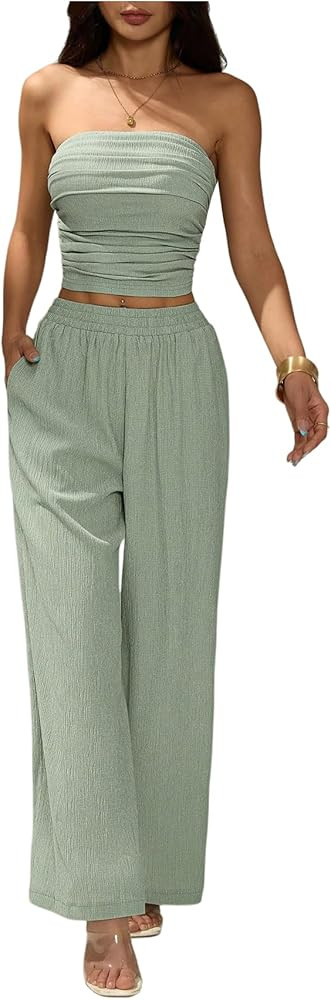 SweatyRocks Women's Summer Outfits 2 Piece Sets Casual Ruched Crop Tube Top and Wide Leg Pants Se... | Amazon (US)