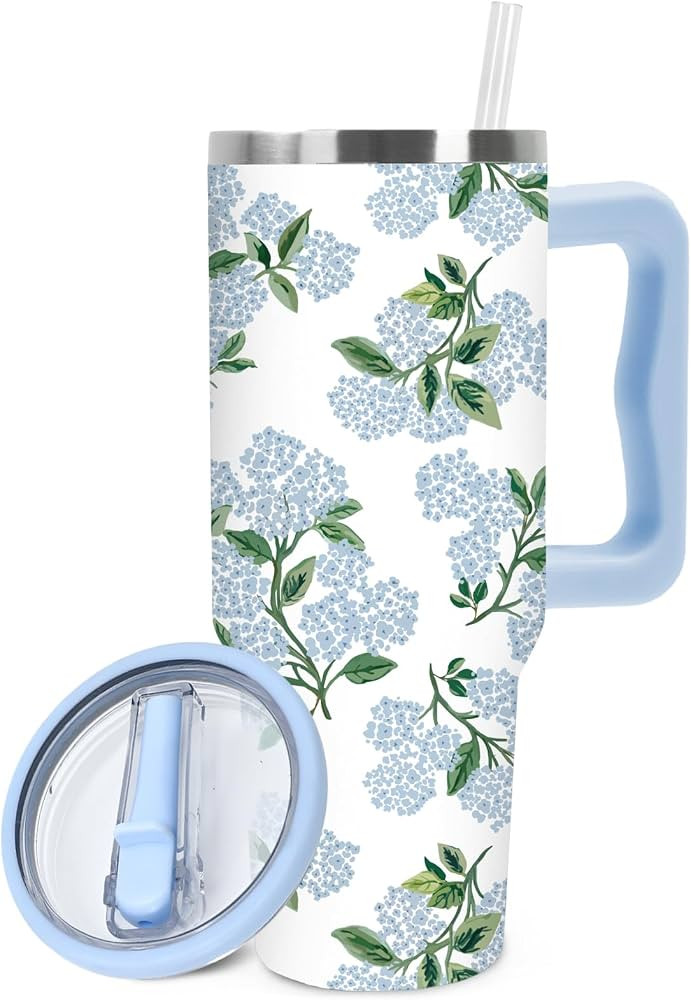 JarThenaAMCS Blue Hydrangea Insulated Tumbler with Handle & Straw Floral Stainless Steel Cup Flow... | Amazon (US)