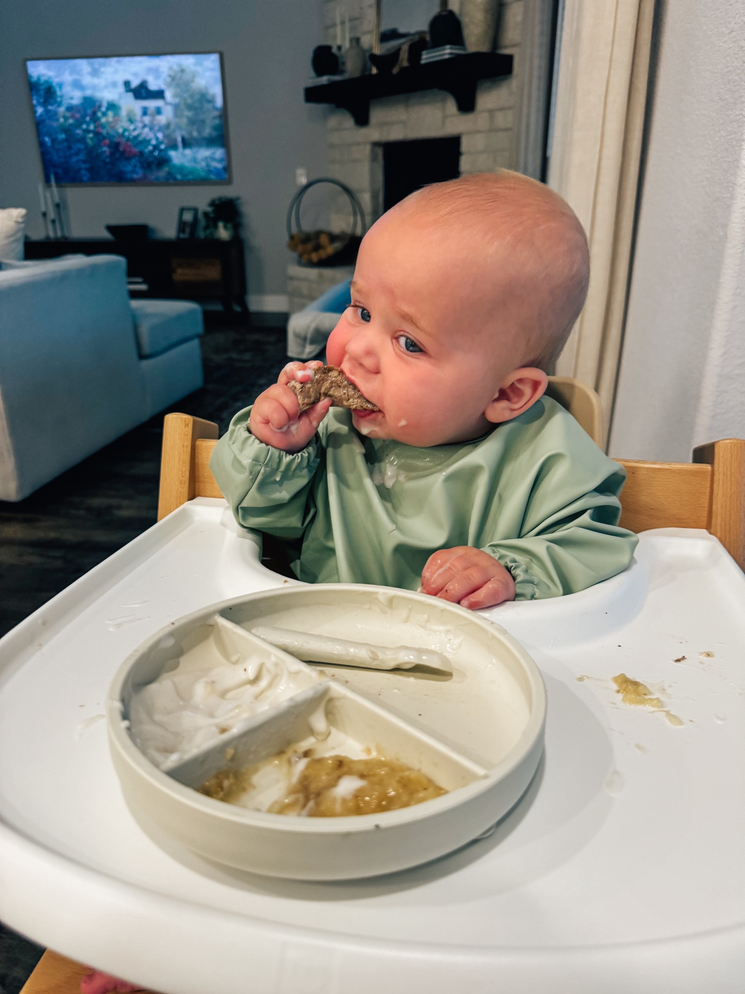 Lincoln’s high chair 
Bibs we use 
And utensils/plates!