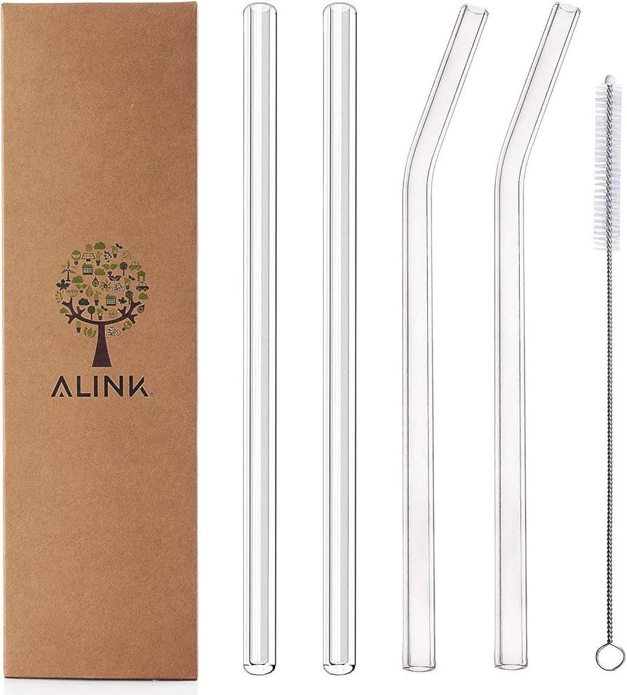 ALINK Clear Glass Straws, 9 in X 10 mm Reusable Straight & Bent Smoothie Straws, Set of 4 with Cl... | Amazon (US)