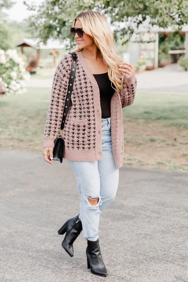 At Your Best Brown And Black Fuzzy Houndstooth Cardigan DOORBUSTER | Pink Lily