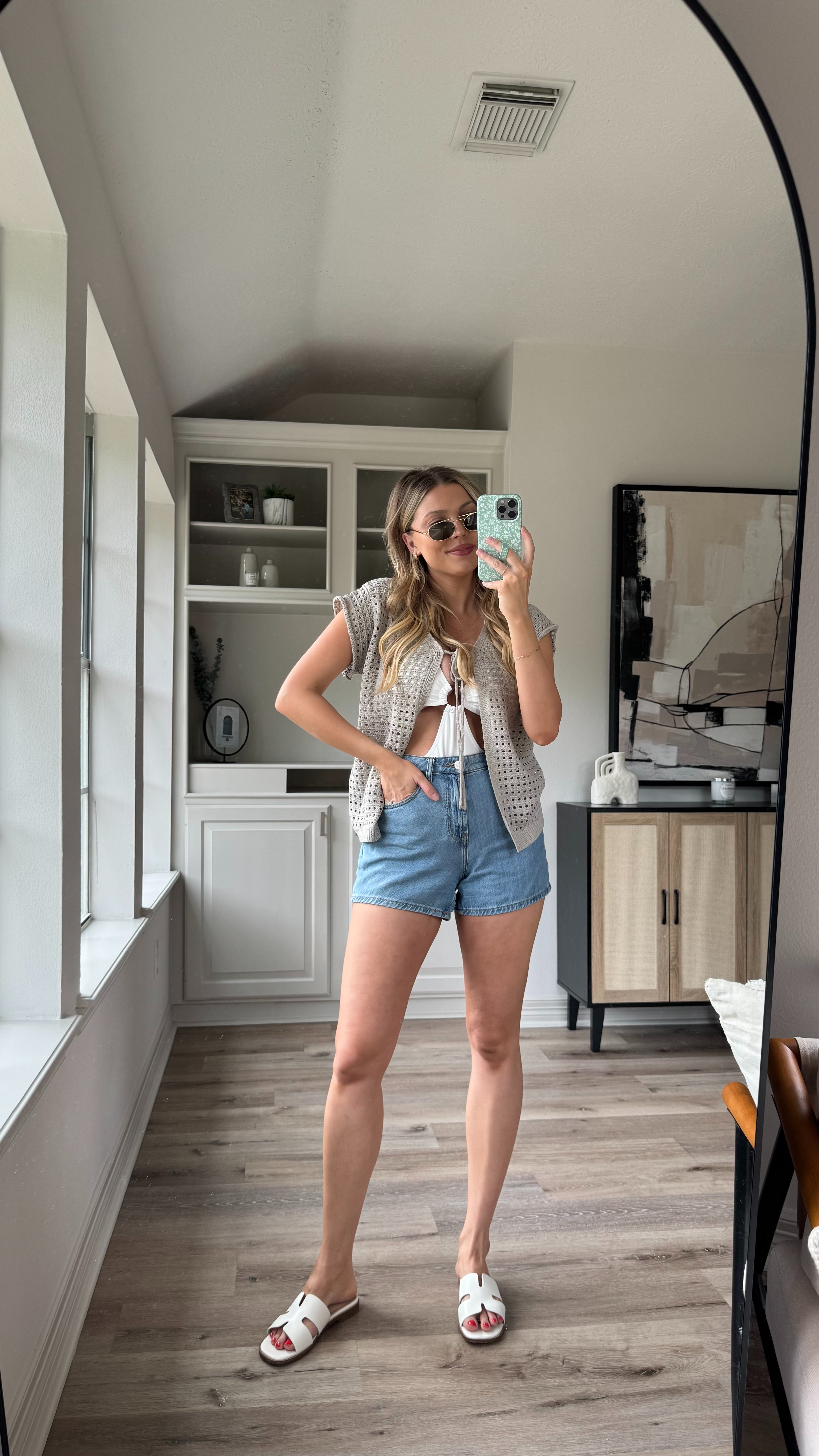 Summer Swim Coverup Outfit | | This crochet top is the perfect coverup for a one piece. Wearing size M in the top and swimsuit. Wearing size 26 in the shorts. Sandals fit tts.  

 

#LTKStyleTip #LTKSwim