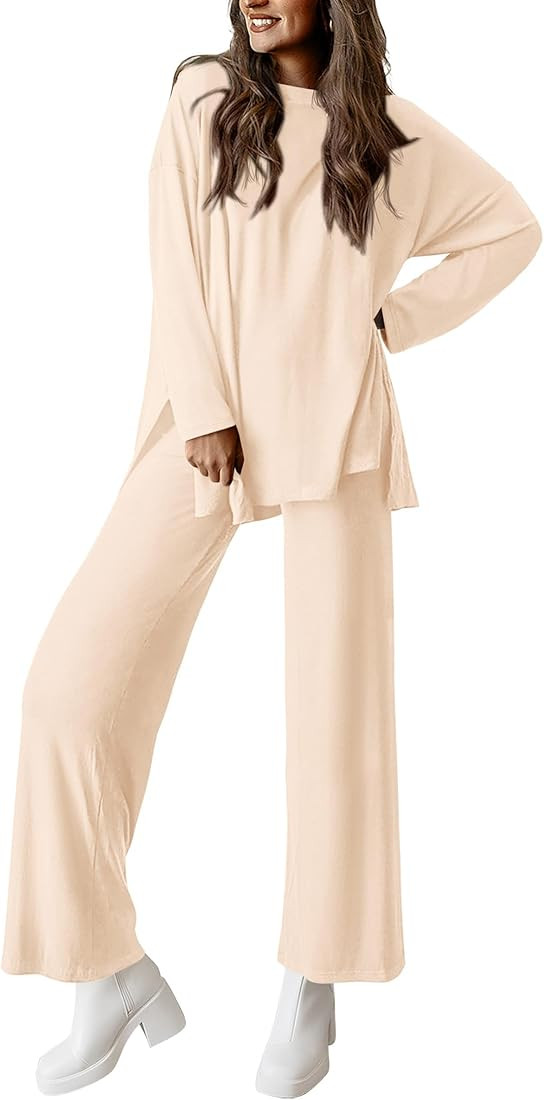 PRETTYGARDEN Women's Two Piece Lounge Sets Matching Long Sleeve Shirts Wide Leg Pants Tracksuits ... | Amazon (US)
