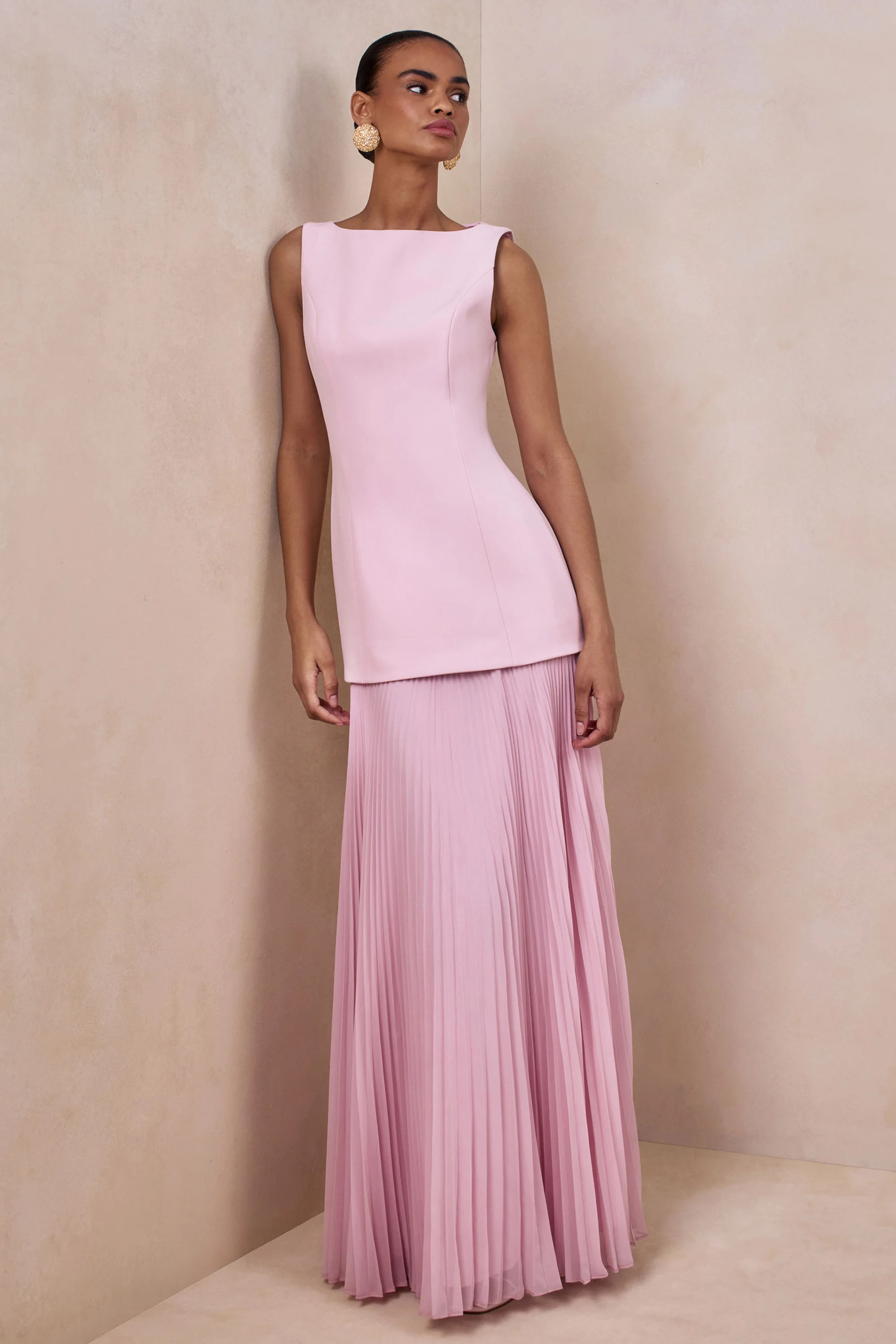 Hadley | Light-Pink Boat-Neck Maxi Dress With Drop-Waist | Club L London