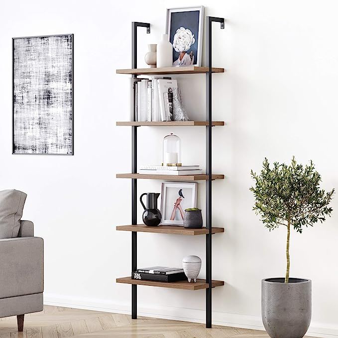 Nathan James Theo 5-Shelf Oak Wood Modern Bookcase, Open Wall Mount Ladder Bookshelf with Industr... | Amazon (US)