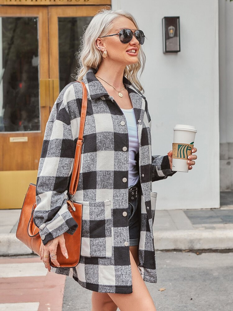Gingham Print Button Through Overcoat | SHEIN