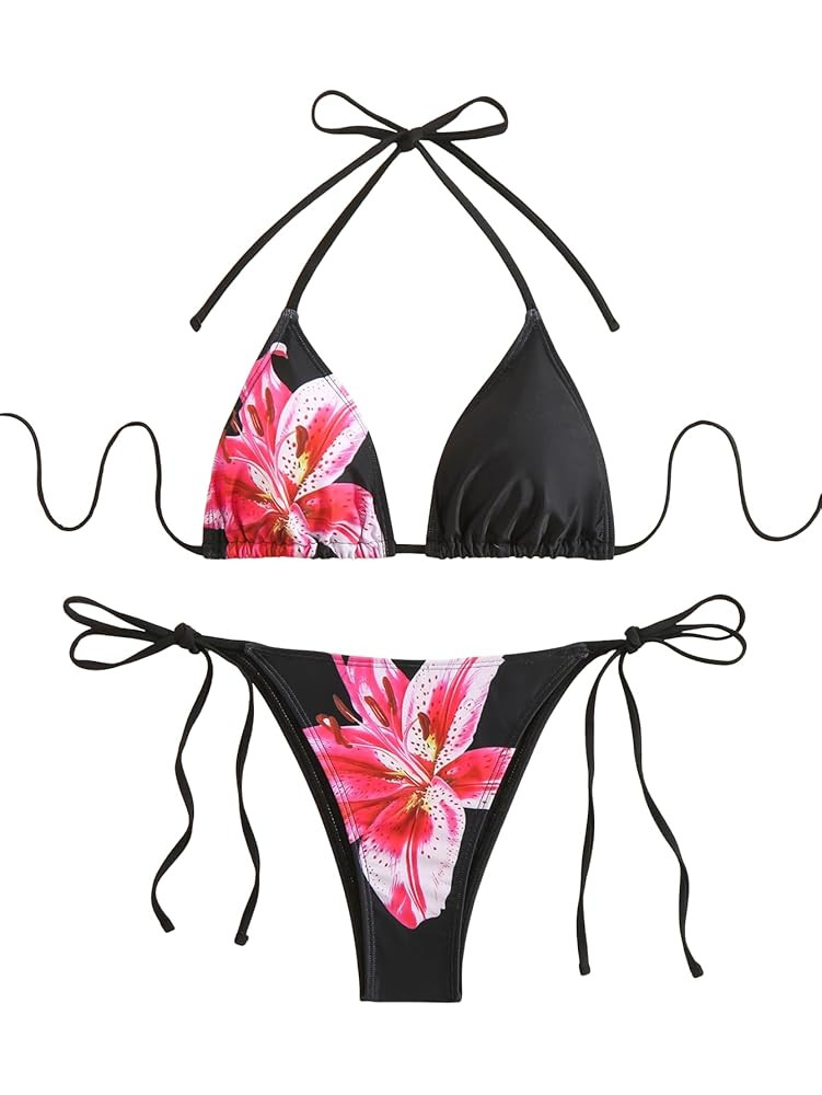 SEGT Women's 2 Piece Floral Print Halter Neck Tie Bikini Set Triangle String Thong Swimsuit Summe... | Amazon (US)