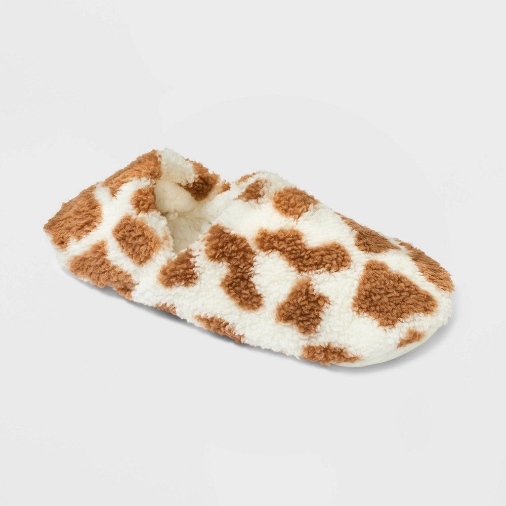 Women's Cow Print Cozy Fleece Pull-On Slipper Socks with Grippers - Brown/Ivory M/L | Target