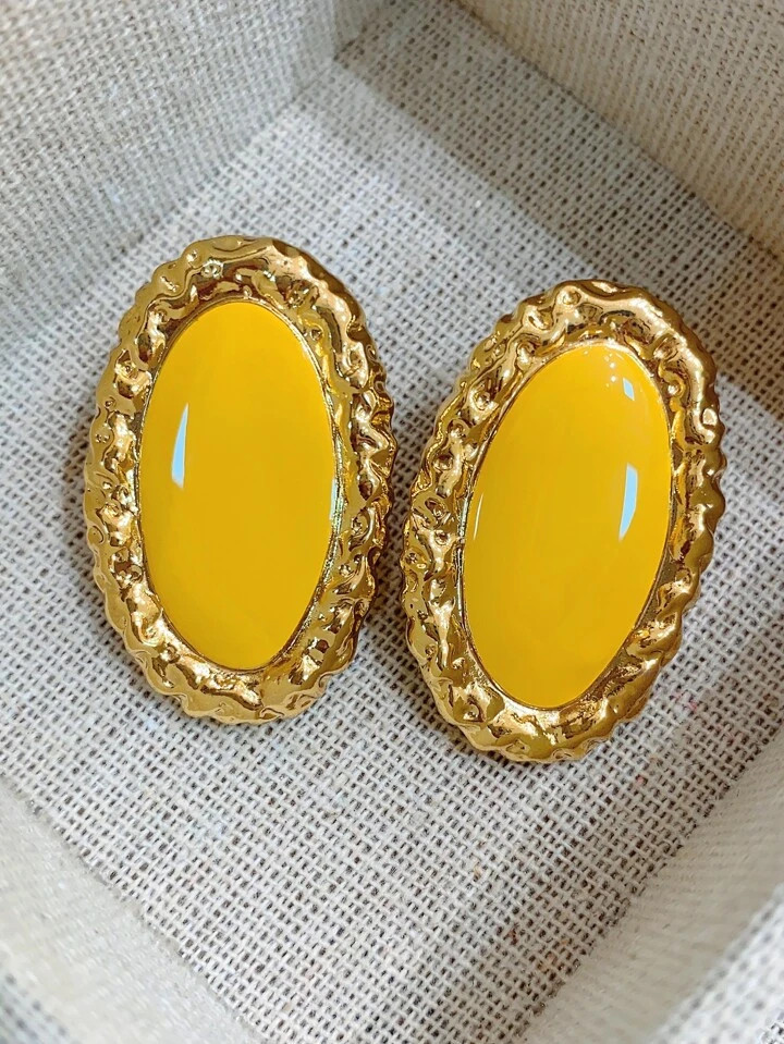 Uncommon Design Geometric Ellipse Shape Turmeric Dripping Glaze Earrings With 925 Silver Twisted Thread Accents | SHEIN