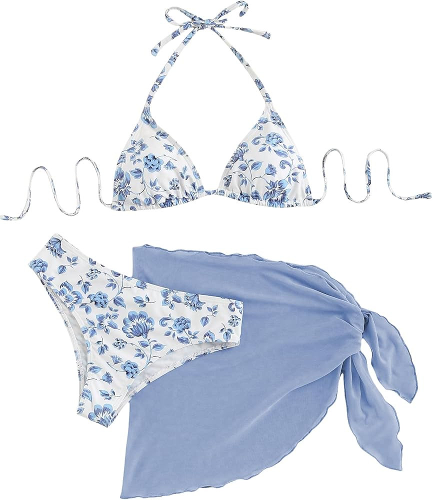 SHENHE Women's 3 Piece Floral Bikini Set with Wrap Coverup Halter Triangle Swimsuits | Amazon (US)
