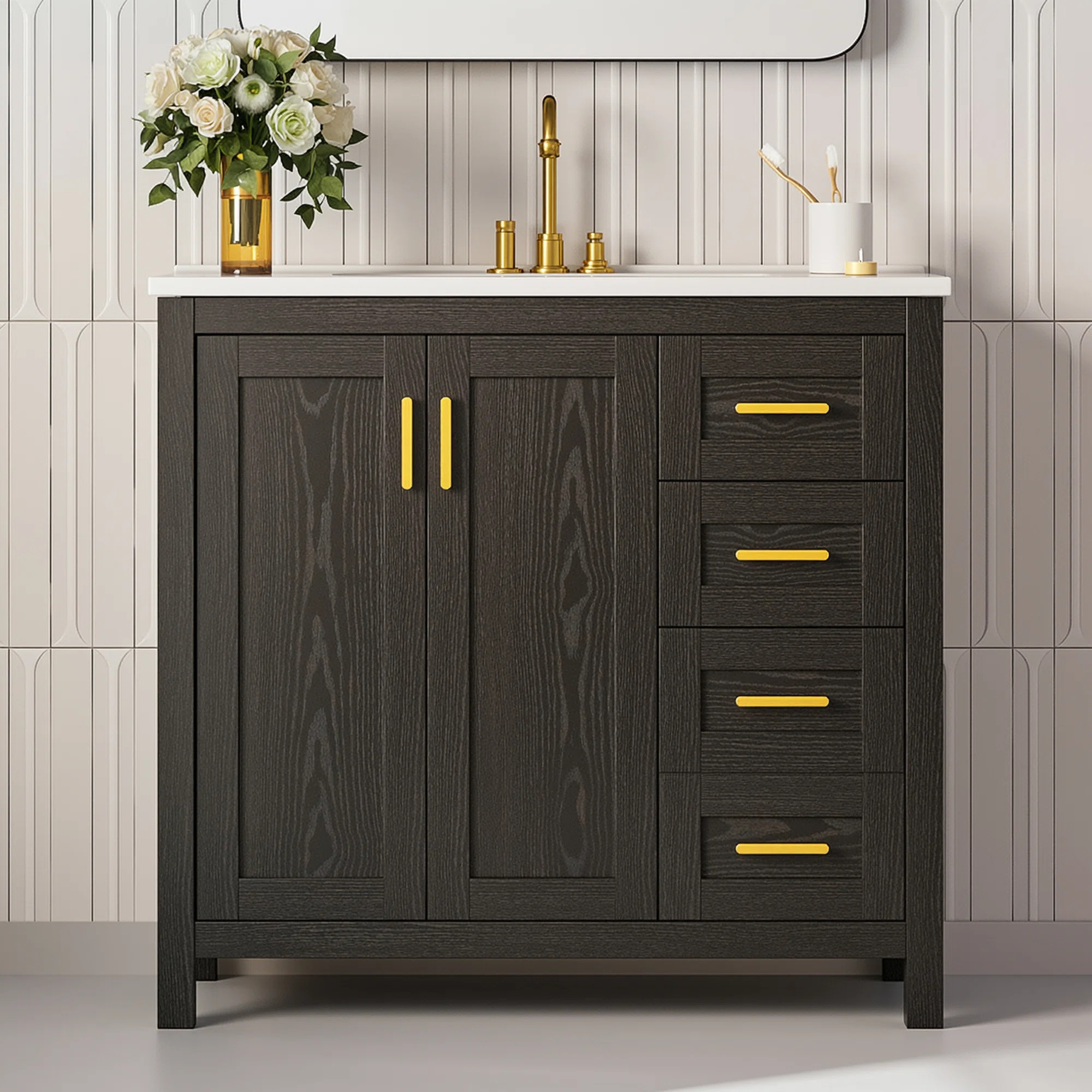 36" Bathroom Vanity With Ceramic Sink, Black Single Sink Vanity For Bathroom With Doors & Drawers... | Wayfair North America