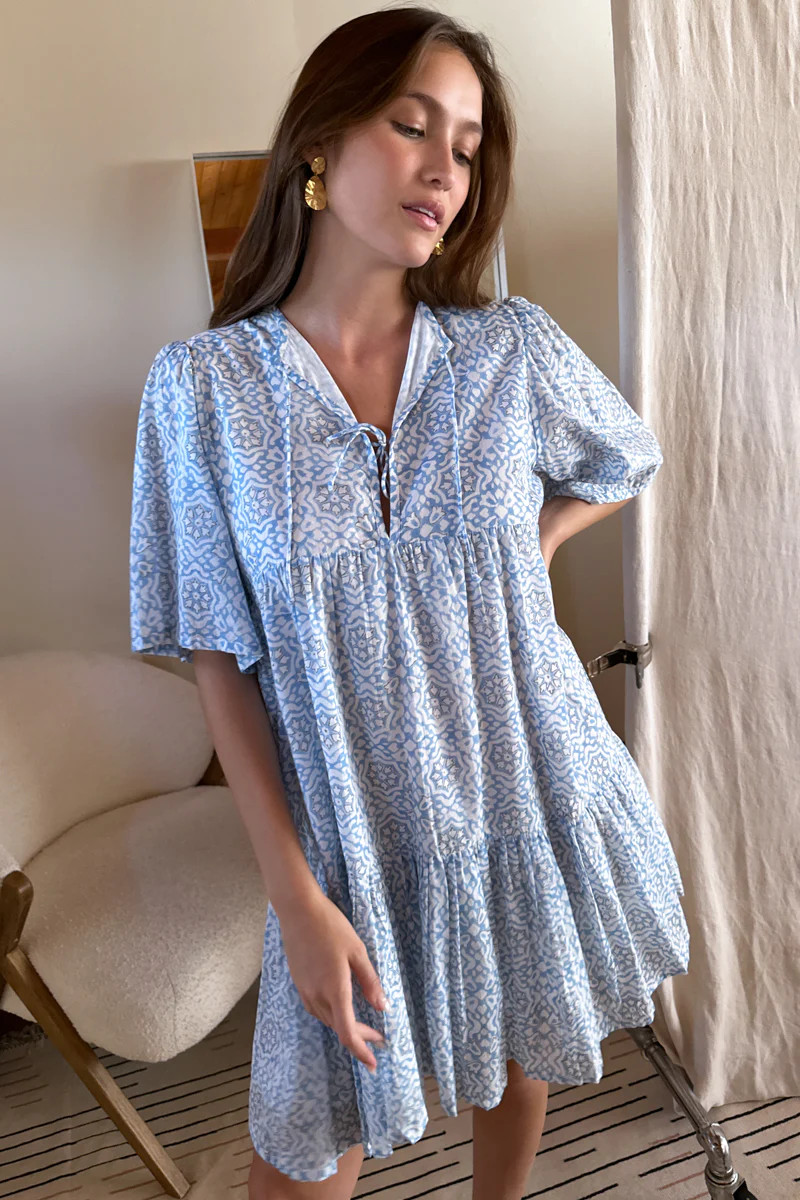 Isla Dress - Geo Flower Blue Organic | Emerson Fry