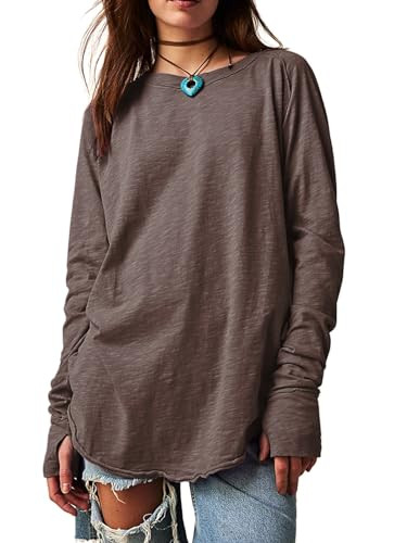 ELGOGY Long Sleeve Tee Shirts for Women Crew Neck 2023 Cotton T Shirt Fall Basic Tunic Tops Ladies Cloth Coffee XL | Amazon (US)