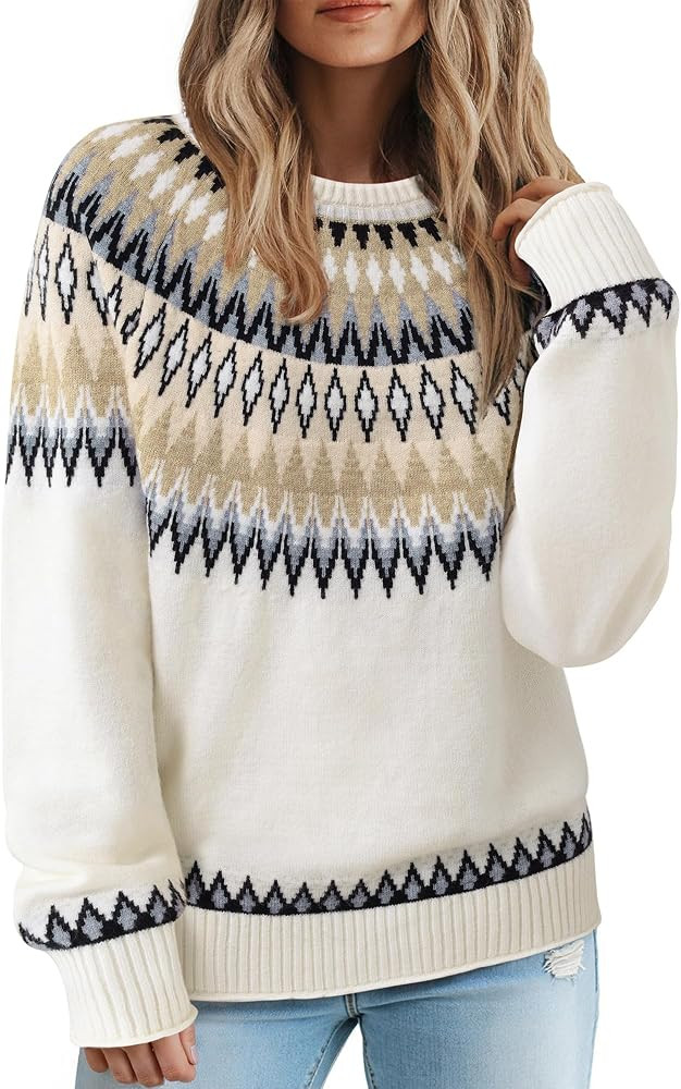 Messic Fair Isle Sweater Women Vintage Color Block Cozy Knit Pullover | Amazon (US)