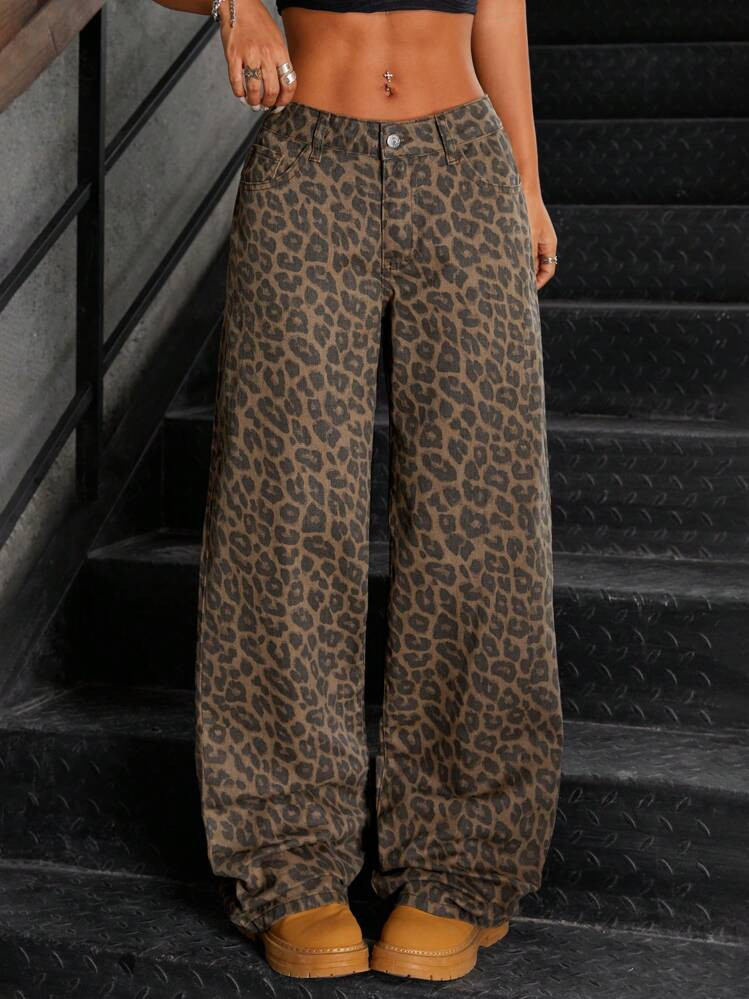 SHEIN ICON 1pc Women Front Button Low Waist Leopard Print Washed Straight Leg Jeans, Casual Every... | SHEIN