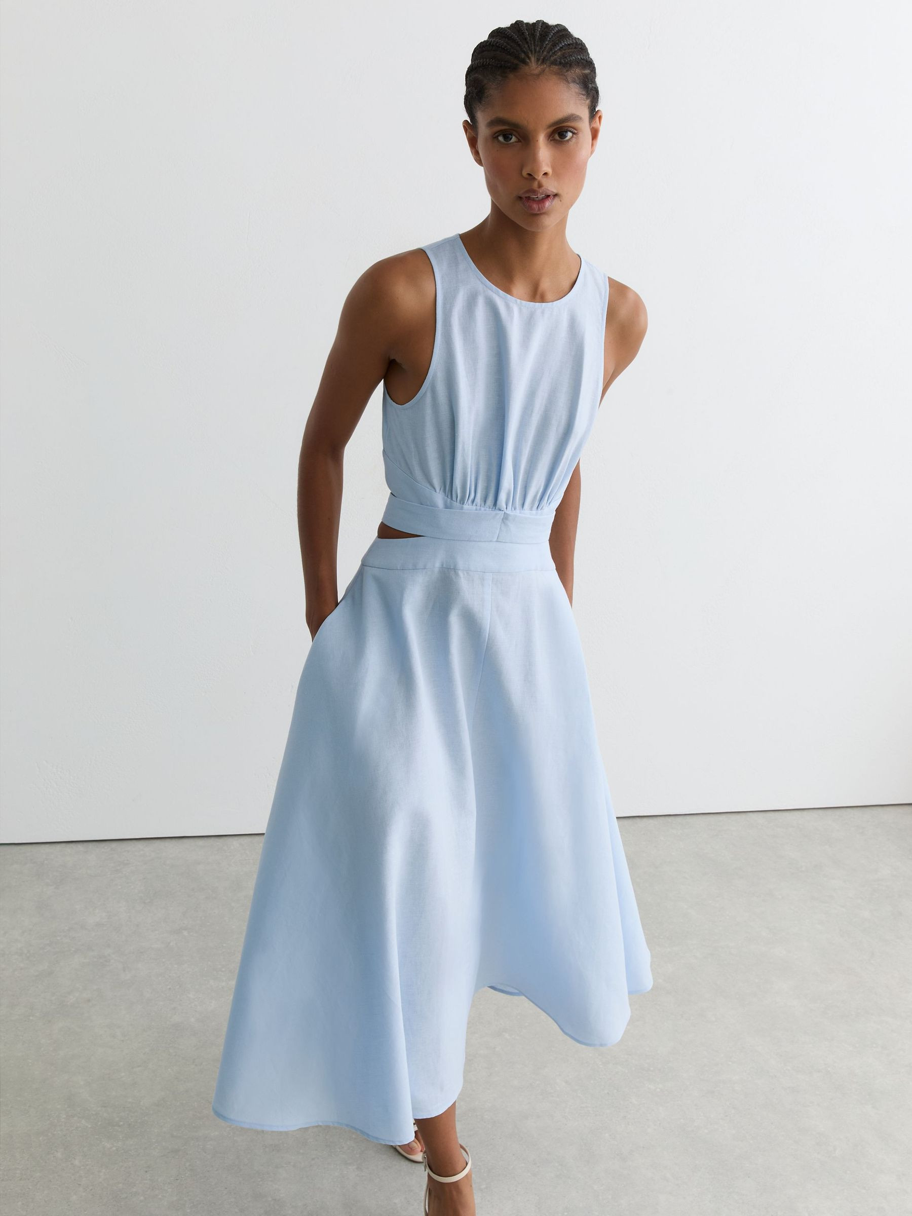 Reiss Linen-Cotton Cut-Out Midi Dress in Blue | REISS | Reiss US
