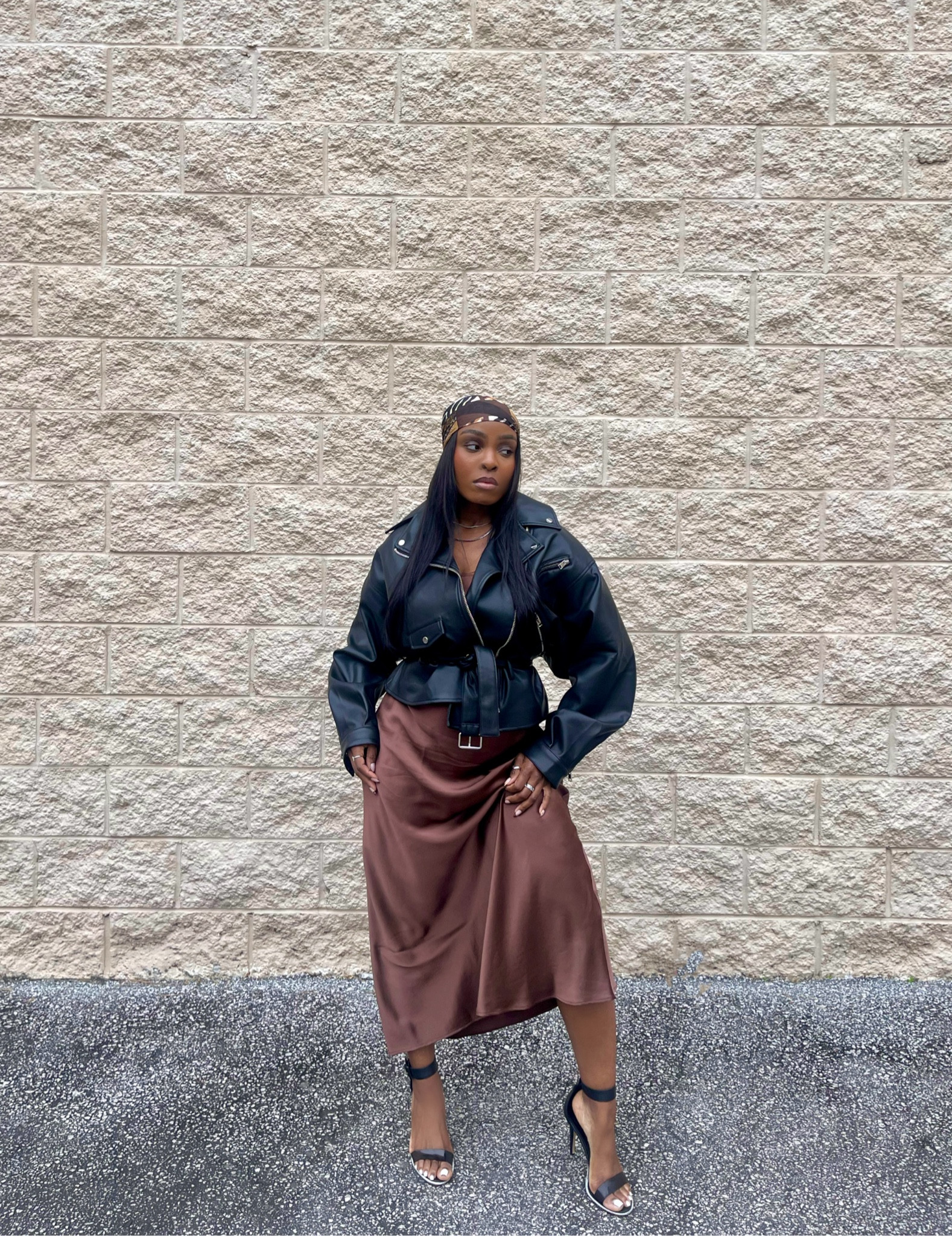 Slip dress, styling a dress for fall, fall
Fashion, cami nyc dress, silk dress, head wrap, biker jacket, leather jacket, fall outfits 