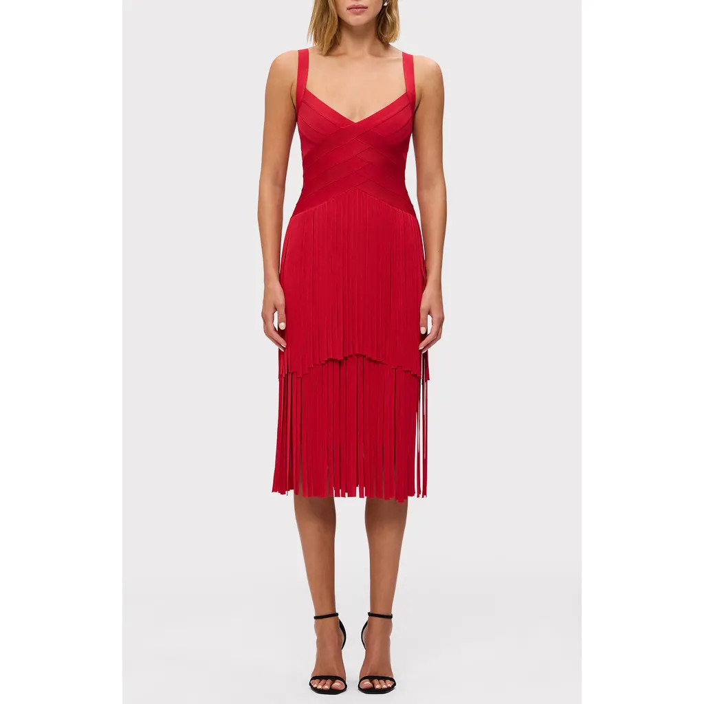 Herve Leger The Mischa Fringe Midi Dress in Lipstick Red at Nordstrom Rack, Size Xx-Small | Nordstrom Rack