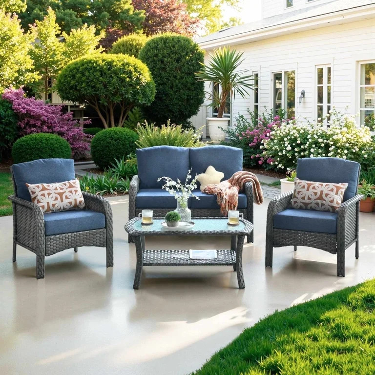 Ovios 4 Pieces Wicker Outdoor Patio Furniture with Coffee Table High Back All Weather Rattan Outd... | Walmart (US)