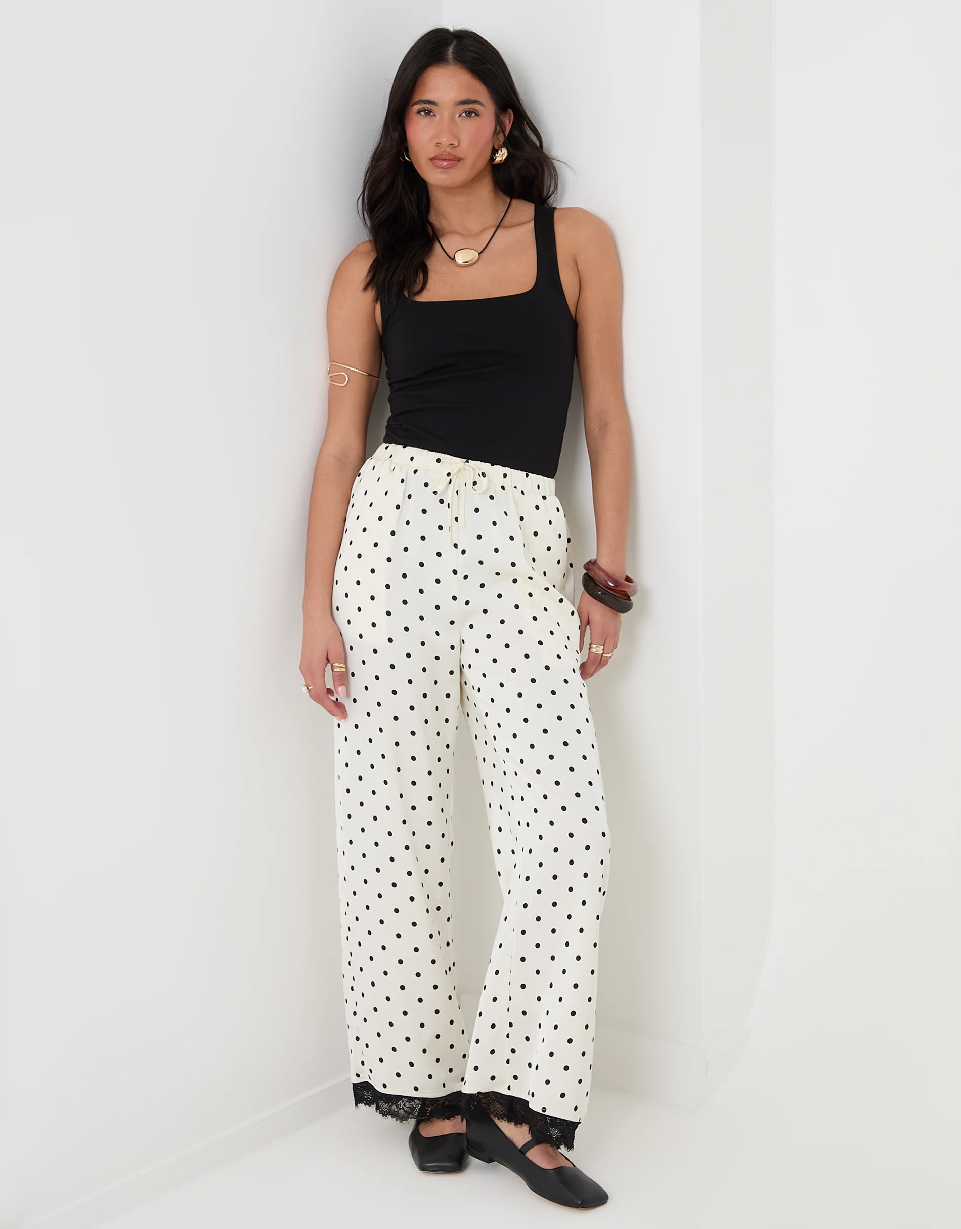 Wide Leg Satin Lace Trim Trousers in Cream Polka Dot | Threadbare UK