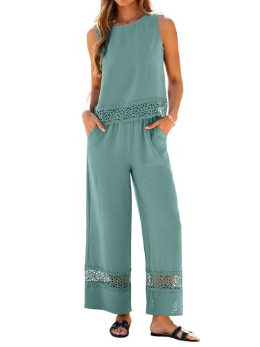 Glamaker Summer Pants Sets Womens 2 Piece Outfits Sleeveless Matching Set Tank Crop Top Wide Leg 2026 Beach Travel Sets | Amazon (US)