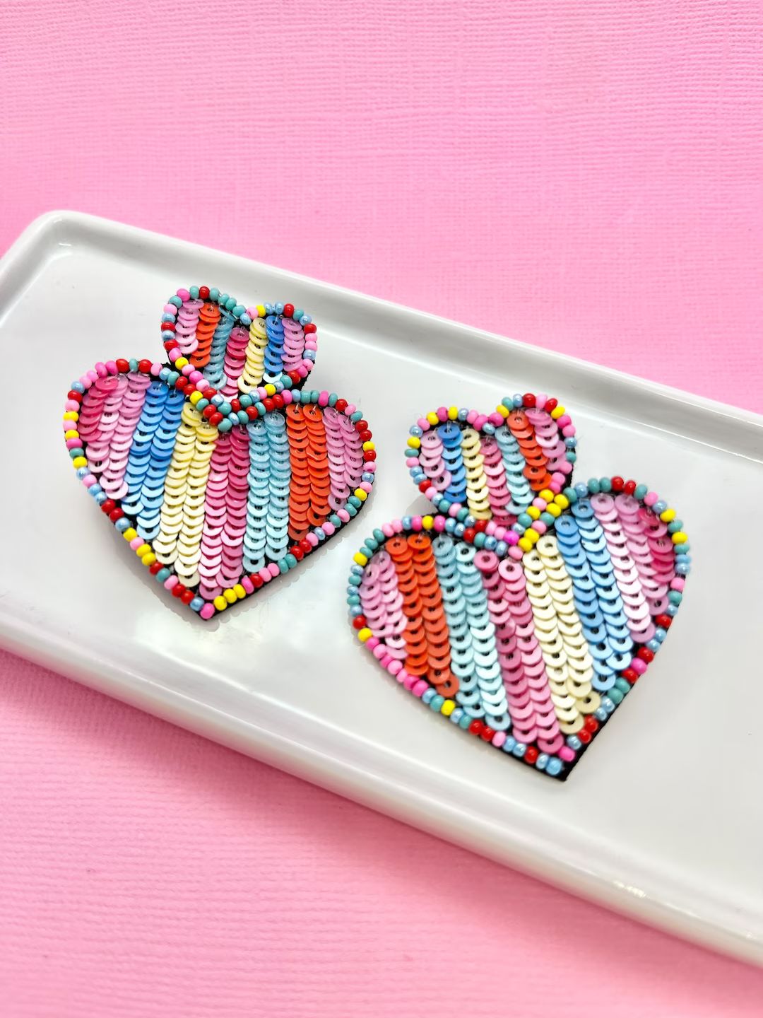Rainbow Heart Sequin Beaded Earrings, Valentines Day Earrings, Valentines Day Gift, Heart Earring... | Etsy (US)