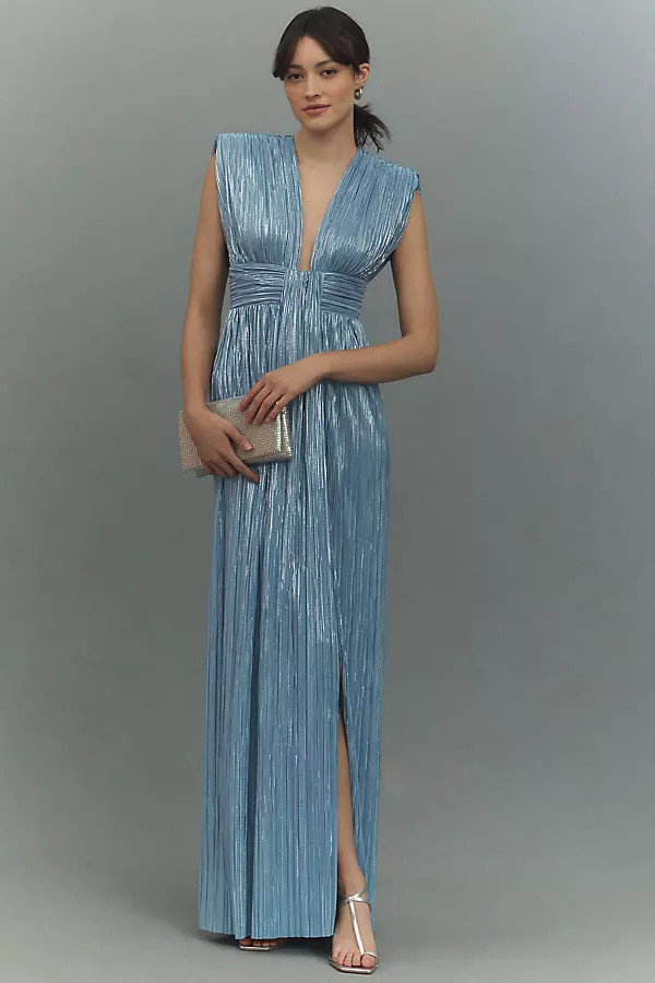 Satellite V-Neck Column Pleated Foil Maxi Dress | Anthropologie (US)