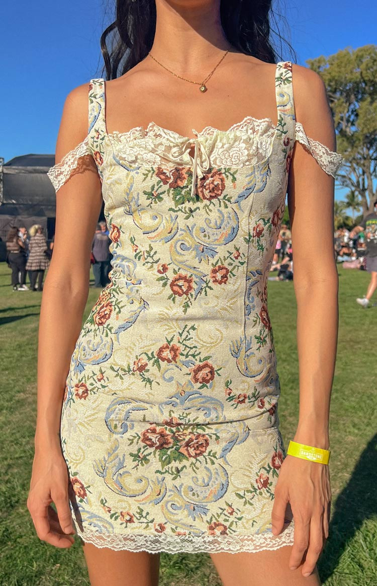 Daydreaming Beige Tapestry Mini Dress | Beginning Boutique (US)