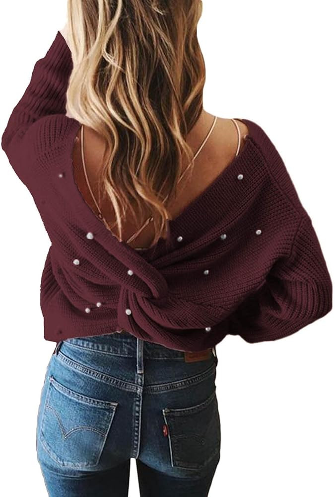 Sexyshine Women's Casual V Neck Criss Cross Backless Long Batwing Sleeve Loose Knitted Sweater Pu... | Amazon (US)