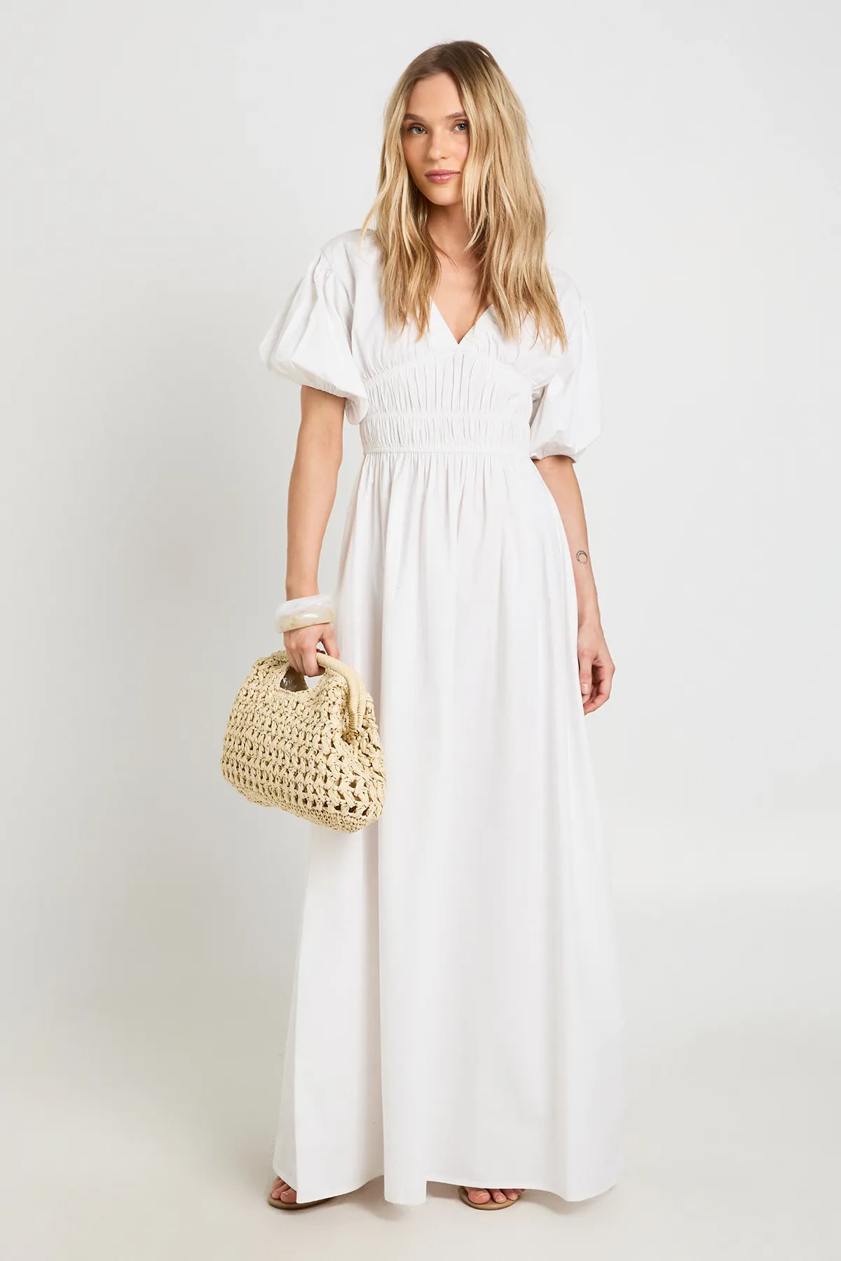 White Petite Cotton Poplin Shirred Bodice V Neck Puff Sleeve Maxi Dress | Boohoo | Boohoo.com (UK & IE)